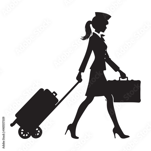 Female Flight Attendant Silhouette Illustration Pulling Luggage Professionally