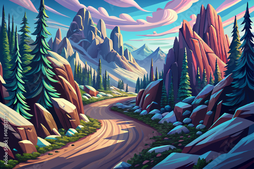 Mountain peak view landscape with sunrise soft light and road path. vector illustration background, winter valley at golden hour with pine trees
