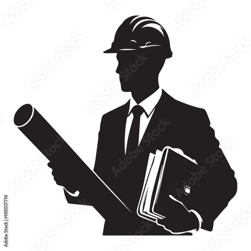 Silhouette professional civil engineer with blueprint and documents graphic