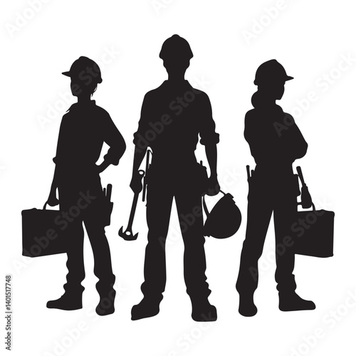Silhouette group of construction workers team holding tools building industry