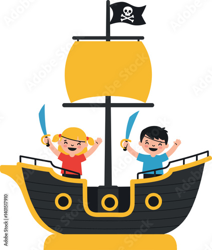 Two cheerful children on a pirate ship in flat vector art style, holding swords and celebrating adventure in a playful scene