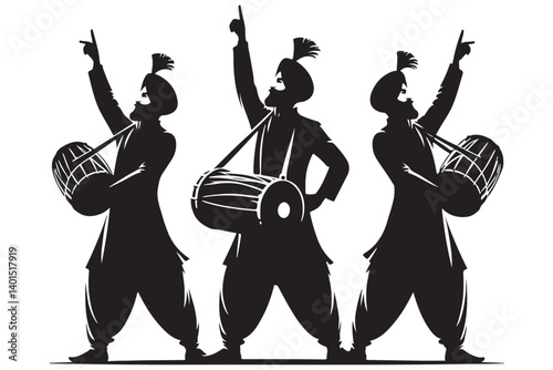 Vibrant Bhangra Dancers Silhouette Celebrate Punjabi Culture with Traditional Drums
