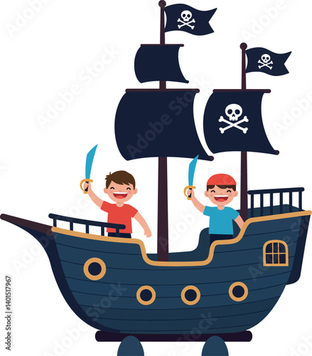 Two cheerful boys on a pirate ship waving swords in flat vector art
