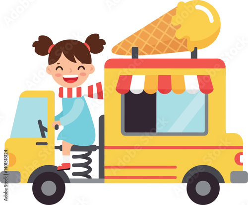 Happy girl serving ice cream from a vibrant yellow food truck in flat vector art
