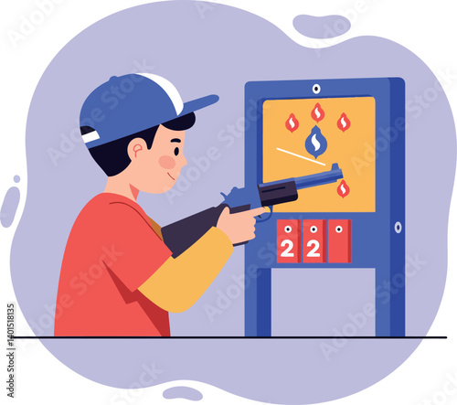 Young boy aiming at a colorful shooting game in a playful flat vector illustration