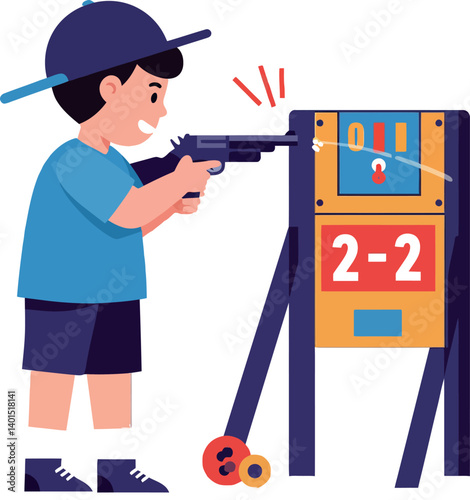 Young boy aiming at a colorful shooting arcade game in flat vector art