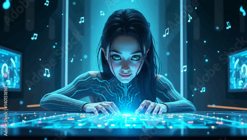 Digital woman connected to a holographic touch panel, controlling music data in a high-tech futuristic environment.