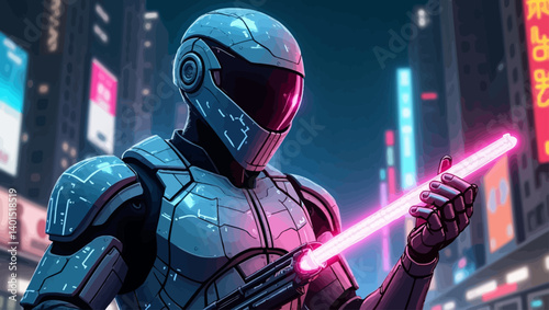 Futuristic armored robot holding glowing neon pink sword in a sci-fi cyber city, depicting advanced combat AI.