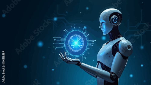 Humanoid robot analyzing a glowing tech core, representing futuristic artificial intelligence and data analysis.