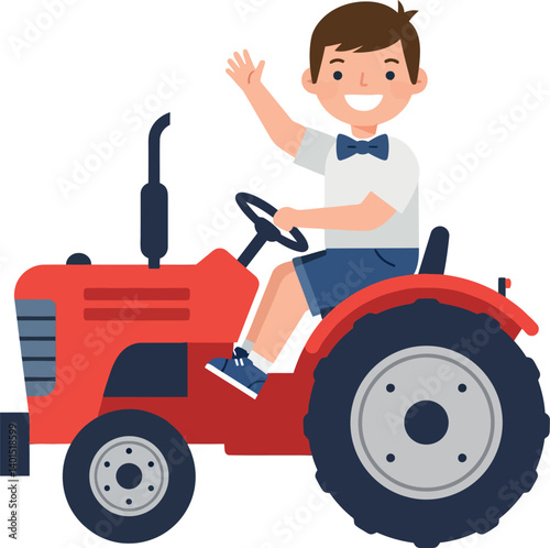 Cheerful boy waving while driving a red tractor in flat vector illustration