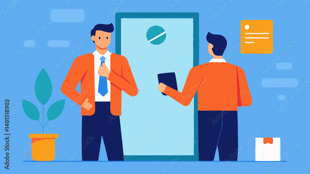 Fototapeta premium Inter Preparation A scene of a candidate practicing in front of a mirror adjusting their tie or blouse while notes and inter questions are tered nearby.