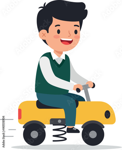 Happy boy riding a yellow toy car in a playful flat vector illustration