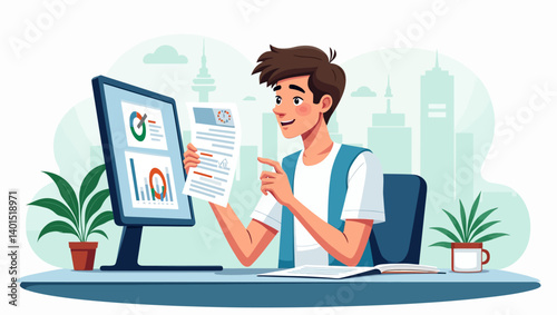 Man analyzing printed financial report with charts on screen, representing data analysis and business evaluation.