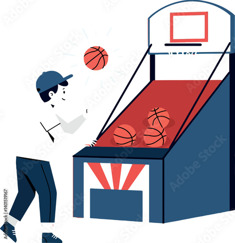 Boy playing basketball at an arcade machine in a flat vector illustration