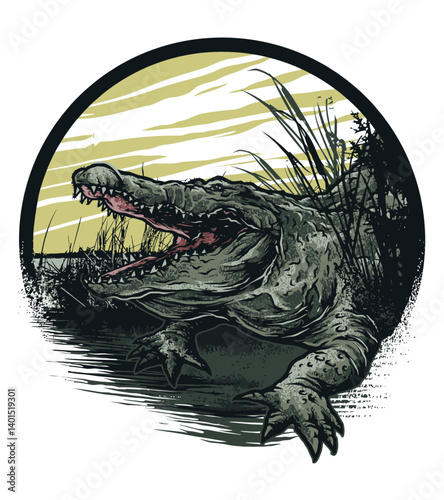 Alligator's Deadly Gaze: A menacing alligator emerges from the murky swamp, its jaws agape in a display of raw power, its predatory focus as it prepares to strike