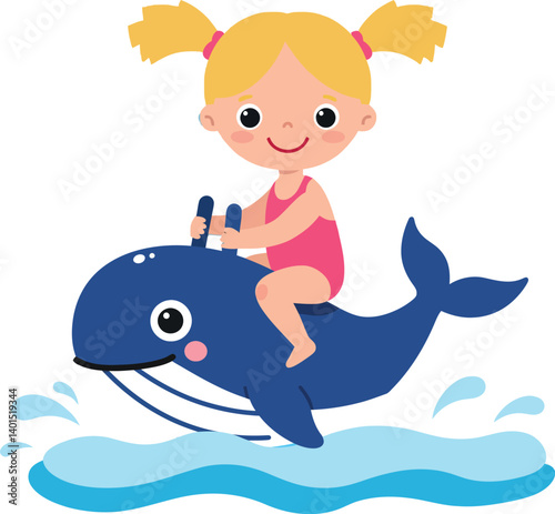 A cheerful girl in a swimsuit riding a playful whale in a flat vector illustration
