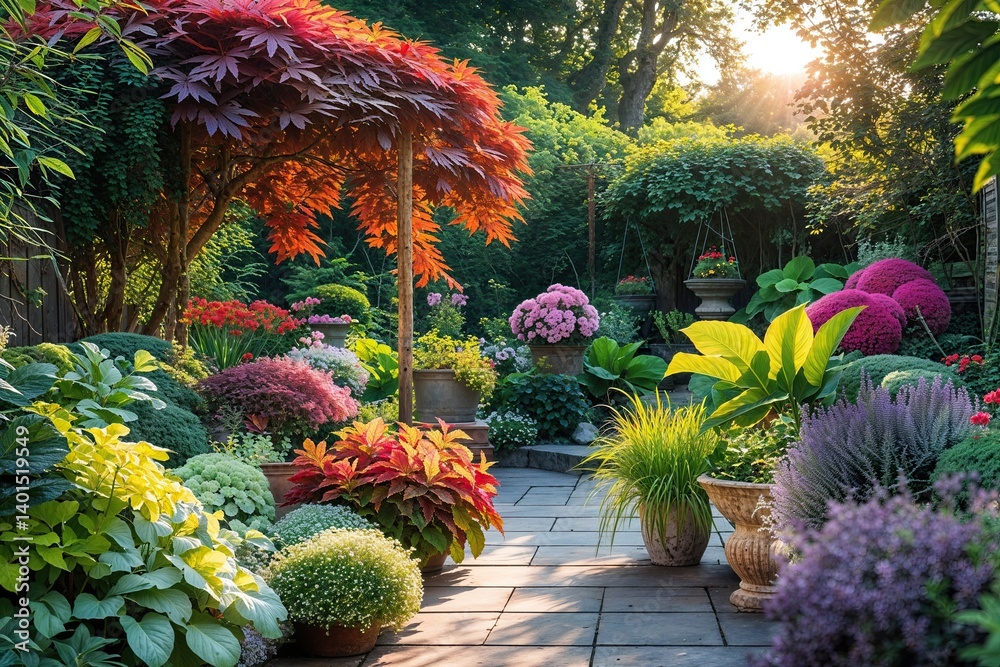 Obraz premium Sunlit Garden with Lush Foliage and Stunning Scenic Views