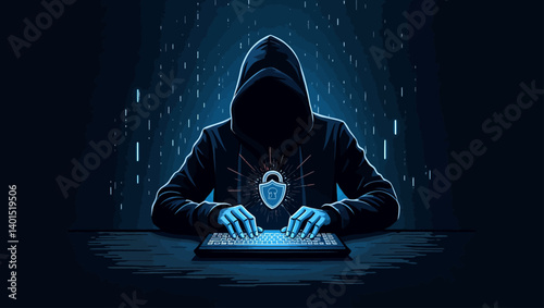 Hooded hacker with glowing lock symbol typing on keyboard in the dark, representing cybersecurity and data threats.