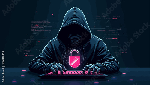 Hacker with glowing pink padlock icon on hoodie in a dark tech interface, symbolizing encrypted data and cyber threats.