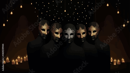 Group of masked figures in black with candlelight ambiance, creating a mysterious and dramatic gothic atmosphere.