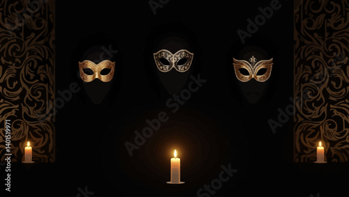 Elegant dark background with three gold masquerade masks and candle in center, symbolizing mystery and ceremony.