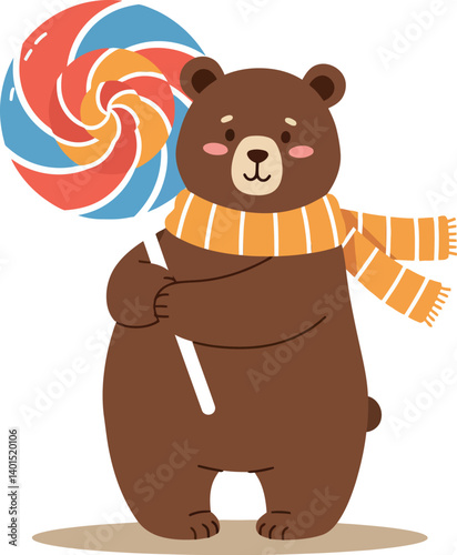 Cute bear holding a colorful lollipop in a cozy scarf, minimal vector illustration
