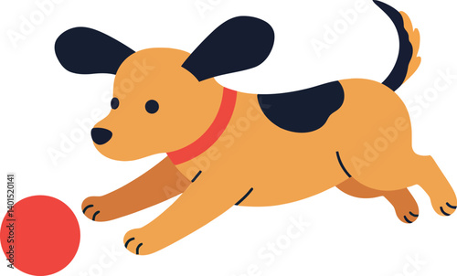 Playful puppy chasing a red ball in a cheerful flat vector illustration