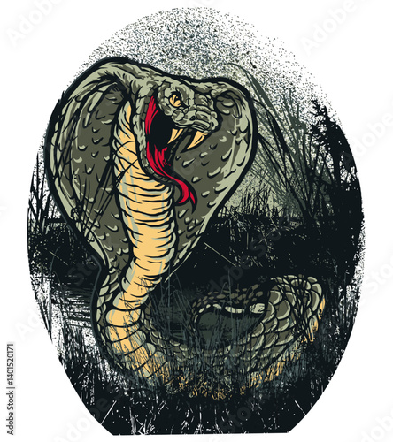 Venomous Cobra: A detailed illustration of a cobra rearing up, displaying its iconic hood and striking posture in a dynamic, artistic representation of one of nature's most fascinating creatures.