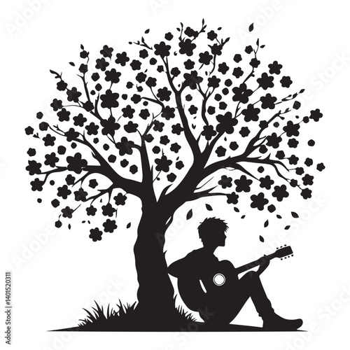 Silhouette Man Playing Guitar Under Tree Illustration Vector Image