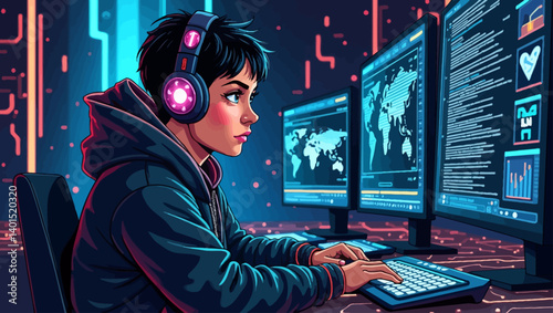 Female coder with headphones analyzing multiple data and code screens in a neon-lit high-tech control room.