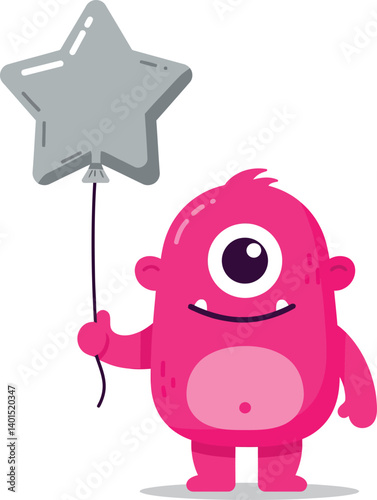 A cheerful pink monster holding a shiny star balloon in a minimal vector illustration