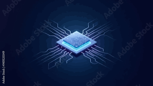 Futuristic microchip with digital connections and glowing circuits, symbolizing AI and advanced computing technology.