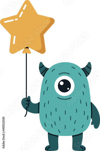 A cute monster holding a yellow star balloon in a colorful, playful flat vector illustration