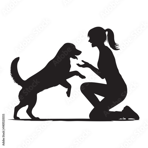 Woman and Dog Silhouette Playing Graphic Vector Illustration Art