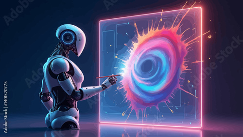 Futuristic robot painting abstract vortex art on a glowing digital canvas, blending AI and creative technology.