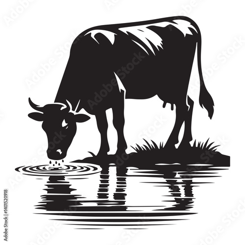 Silhouette Cow Drinking Water Vector Image for Farm Themed Design