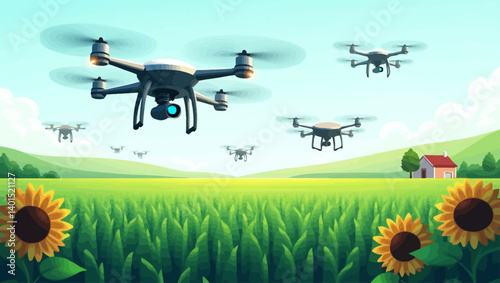 Multiple drones flying over a green field with sunflowers, symbolizing smart agriculture and modern farming technology.
