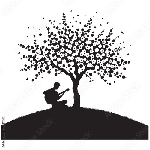Man Playing Guitar under Tree Silhouette Illustration Vector Graphic