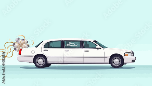 Flat design illustration of a white wedding limousine with ribbon and cans tied behind, celebrating a newlywed couple.