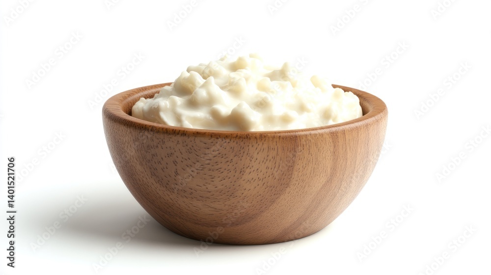 Cottage cheese and curd in a wooden bowl, isolated on a white background, with a soft, smooth texture