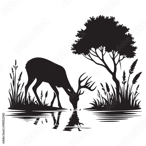 Majestic Deer Drinking Water Silhouette Illustration in Tranquil Nature