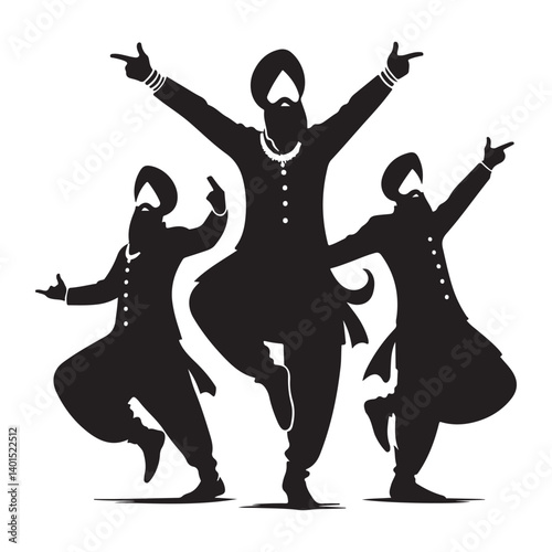 Bhangra Dancers Silhouette Energetic Punjabi Dance Troupe Illustration