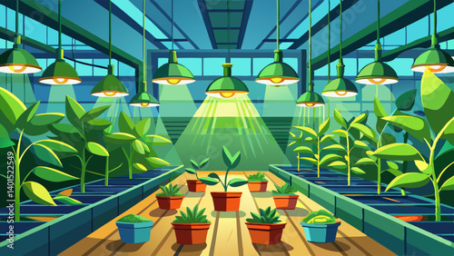 Green seedlings growing indoors under lights; agriculture, farming, botany