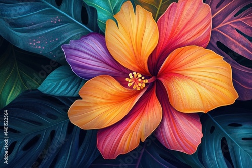 Vibrant tropical flower illustration with intricately layered, colorful petals, bursting with life and energy, perfect for botanical designs and tropical-themed projects.