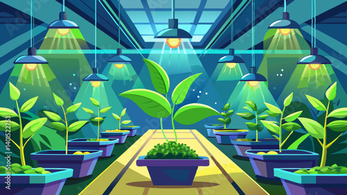 Green seedlings growing indoors under lights; agriculture, farming, botany