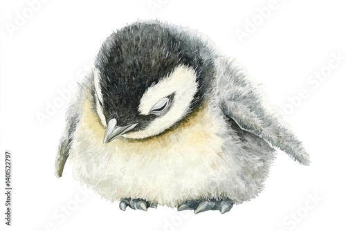 Watercolor illustration of a cute baby penguin, isolated on a white background, capturing the innocence of these delightful creatures.