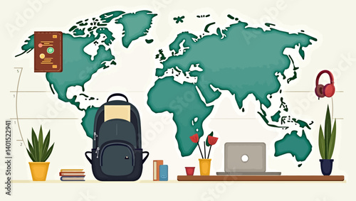 Flat workspace illustration with backpack, plants, and laptop in front of a world map showing digital nomad lifestyle.