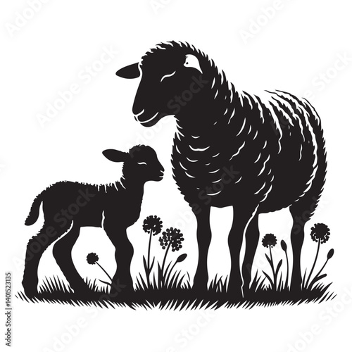 Silhouette of Sheep with Lamb Illustration and Vector Graphic