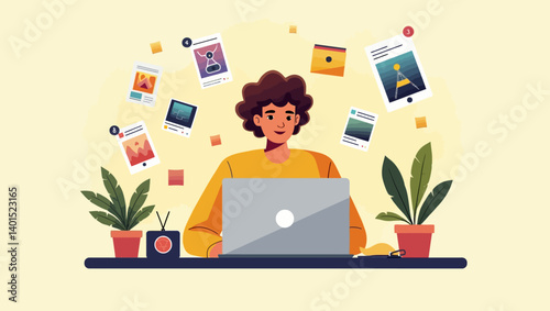 Person working remotely on laptop with floating images, notifications, and digital interface elements.