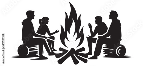 Silhouette of people campfire gathering storytelling around fire illustration